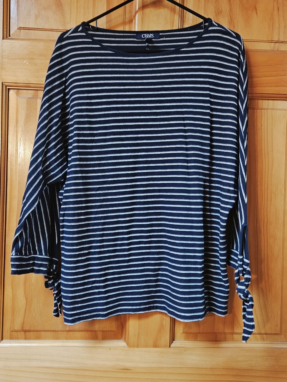 Chaps Navy & White Striped Long-Sleeve Top with Sleeve Ties